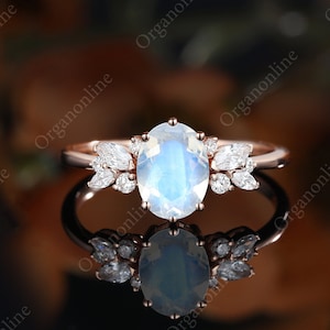 Vintage Oval moonstone engagement ring Unique rose gold moissanite engagement ring Marquise Diamond cluster Art deco Promise Anniversary