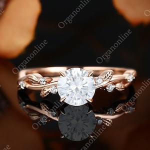 Moissanite Engagement Ring, Personalized diamond rose gold wedding ring, Unique Nature inspired leaf ring, Solid Gold Art Deco bridal ring