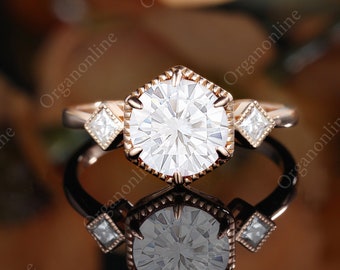 Vintage moissanite engagement ring princess cut rose gold anniversary ring Bead edge Diamond/Moissanite promise ring Three stone bridal ring
