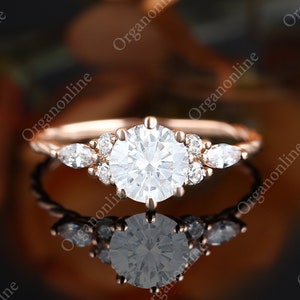 Round cut moissanite Engagement Ring, Personalized gift marquise cut diamond ring, handmade rose gold Art Deco ring, vintage minimalist ring