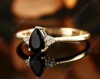 vintage black onyx engagement ring art deco pear shaped women ring solid rose gold six stone diamond ring moissanite unique anniversary gift