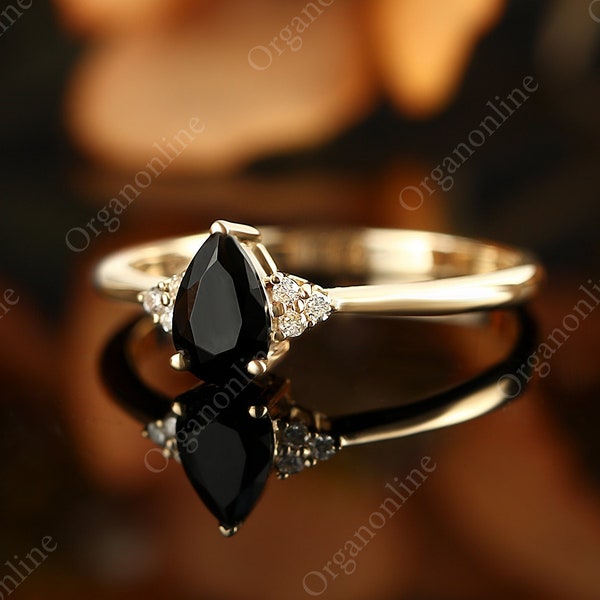 vintage black onyx engagement ring art deco pear shaped women ring solid rose gold six stone diamond ring moissanite unique anniversary gift