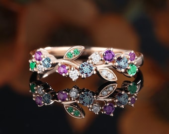 Floral Moissanite Wedding Band, Rose Gold Leaf Cluster Ring, Emerald Alexandrite Stacking Band