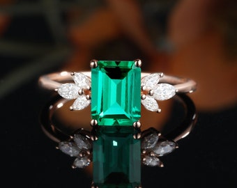 Unique Emerald Engagement Ring,Emerald cut Wedding ring.vintage Cluster ring women,14K/18K Rose Gold,Antique Diamond ring,Promise ring