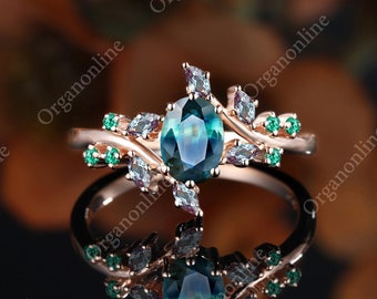 Anello di fidanzamento ovale con zaffiro turchese, alessandrite a taglio marquise a forma di foglia, anello con smeraldo ispirato alla natura