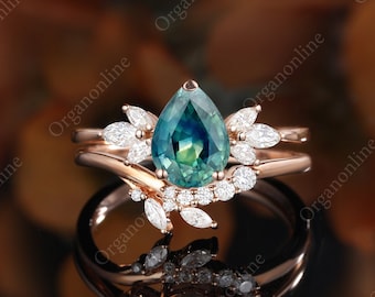 Pear shaped teal sapphire engagement ring set vintage Unique moissanite Marquise cut diamond Cluster rose gold wedding Bridal gift for women