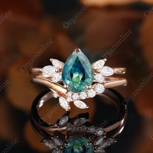 Pear shaped teal sapphire engagement ring set vintage Unique moissanite Marquise cut diamond Cluster rose gold wedding Bridal gift for women