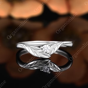 Curved Leaf Diamond Wedding Band Delicate Moissanite Solid white gold Matching Band Unique Promise Stacking ring Anniversary wedding band
