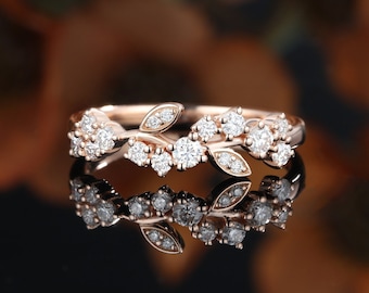 Floral Moissanite Wedding Band, Rose Gold Leaf Bridal Ring, Cluster Diamond Band
