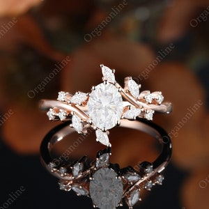 Oval moissanite engagement ring vintage Unique Marquise cut Diamond Cluster ring Rose gold engagement ring leaf ring Bridal ring Anniversary image 1