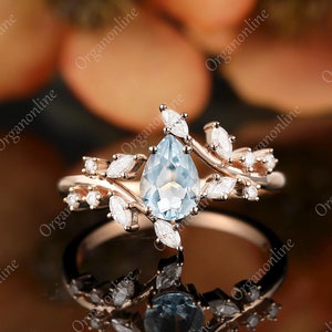 Pear shaped aquamarine engagement ring, vintage solid gold diamond ring, moissanite promise wedding ring, anniversary bridal ring for women