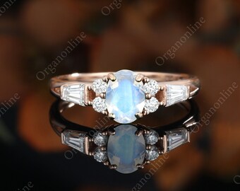 oval moonstone engagement ring vintage Unique baguette cut diamond Cluster ring rose gold Moissanite ring women Bridal Promise gift for her