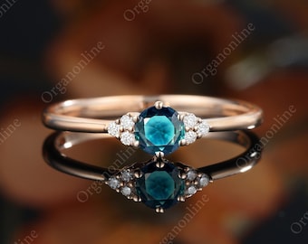 Vintage blauwgroene saffier verlovingsring, cluster Moissanite ring, massief rosé geel goud, Art Deco teal saffier belofte diamanten ring