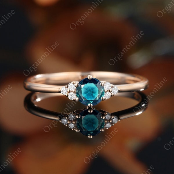 Vintage blau grüner Saphir Verlobungsring, Cluster Moissanit Ring, Massives Rose Gelb Gold, Art Deco Saphir Versprechen Diamantring