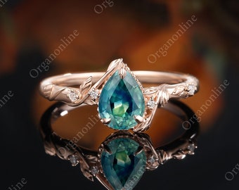 Teal Sapphire Pear Engagement Ring, Rose Gold Diamond Leaf Band Bridal Ring