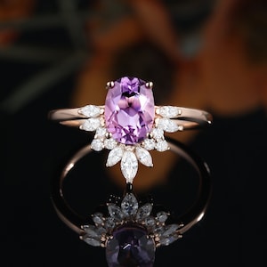 Oval Amethyst engagement ring vintage unique rose gold ring Marquise cut diamond Cluster wedding vintage ring Bridal Anniversary gift