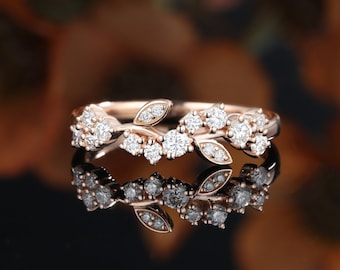 Floral Moissanite Wedding Band Leaf Band Cluster Band stacking matching band unique Vintage promise anniversary ring rose Gold,Bridal band