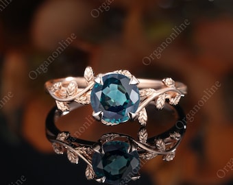 Unique Leaf blue green sapphire Engagement Ring Vintage teal sapphire Cluster ring rose gold Bridal ring Promise women Anniversary Ring