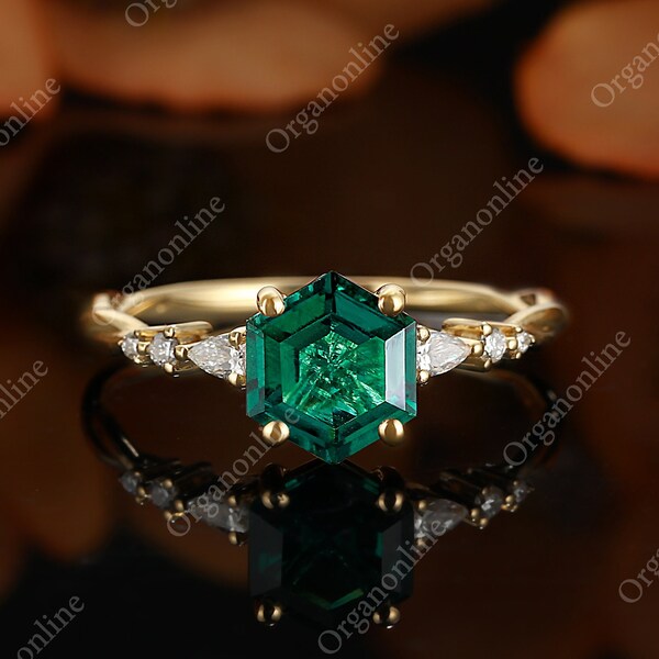Handmade Hexagon Emerald Engagement Ring, Dainty Rose Gold Moissanite Bridal Ring