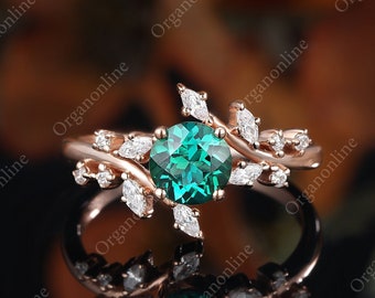 14k solid gold emerald engagement ring vintage green solid ring diamond moissanite engagement ring anniversary ring for wife emerald ring