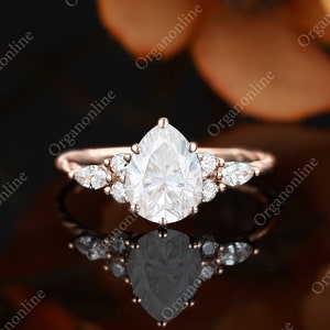 Birnenförmiger Moissanit Verlobungsring, personalisierter Geschenk Marquise Diamantring, handgemachter Rotgold Art Deco, Vintage minimalistischer Ring