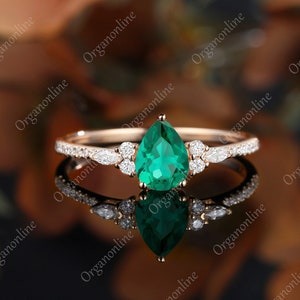 Pear shaped emerald engagement ring vintage unique Cluster rose gold moissanite ring women Marquise cut diamond wedding Promise gift