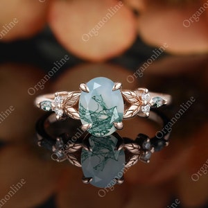 Oval moss agate engagement ring, Art deco Moissanite ring, Diamond engagement ring, anniversary wedding ring, Solid rose gold bridal ring
