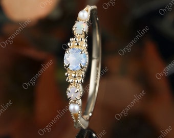 Moonstone engagement ring, Opal pearl wedding ring, Vintage milgrain art deco ring, Yellow gold white gold bridal ring, Half eternity ring