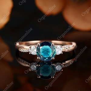 Blue green sapphire Engagement Ring, Twisted Moissanite diamond ring, personalized Round teal sapphire, Handmade Solid Gold Art Deco ring