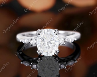 Elongated Cushion Cut Moissanite White Gold Ring 2.45ct Engagement ring Solid gold wedding ring Marquise diamond CZ Vintage Anniversary gift