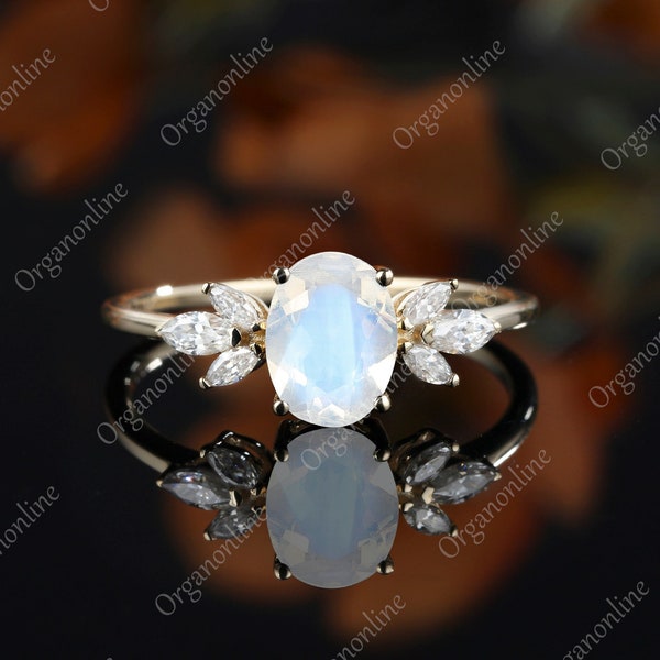 Oval Moonstone Engagement Ring Vintage Unique Yellow Gold Engagement ...