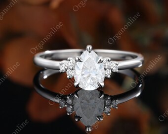 Pear shaped moissanite engagement ring Stacking ring.14K/18K white Gold,vintage moissanite Unique diamond Cluster ring women wedding Bridal