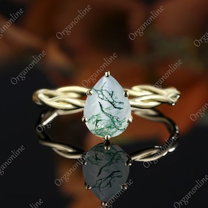 6*8mm Solitaire moss agate engagement ring Unique Simple yellow gold ring pear shaped twist band Bridal Art deco Anniversary gift for her