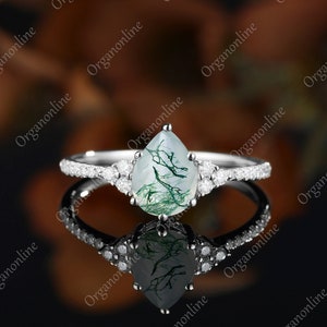 Pear shaped Moss agate engagement ring unique Diamond cluster moissanite white gold half eternity vintage Bridal Anniversary gift for her