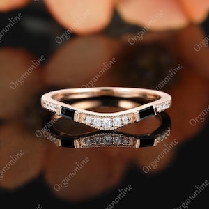 Baguette cut black onyx ring, Curved wedding band, Solid rose gold ring, Diamond promise ring, Vintage milgrain ring, Anniversary ring women