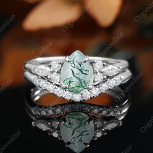 pear shaped moss agate engagement ring set vintage rose gold Unique Cluster moissanite engagement ring diamond Bridal promise dainty ring