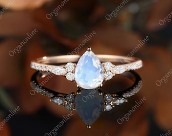 Pear shaped moonstone engagement ring vintage unique Cluster rose gold moissanite ring women Marquise cut diamond wedding Promise gift