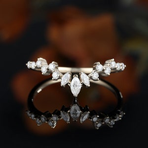 Curved wedding band women vintage yellow gold Marquise cut Diamond Moissanite wedding band unique Pear shaped Bridal Stacking promise gift