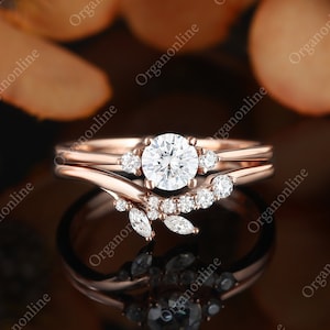 Vintage moissanite engagement ring set, Unique diamond wedding band, rose gold women Bridal set, handmade Promise anniversary gift for her