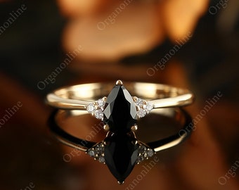 vintage black onyx engagement ring art deco pear shaped women ring solid rose gold six stone diamond ring moissanite unique anniversary gift