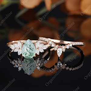 Pear shaped moss agate engagement ring, Marquise cut moissanite diamond bridal set, Rose gold curved wedding band, Anniversary promise ring