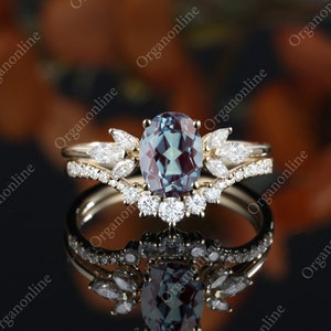 Anniversary oval lab alexandrite engagement ring set, Marquise cut moissanite ring, vintage 14k gold bridal set, Curved diamond wedding band
