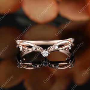 Geschwungener Blatt Ehering, solider Roségold Natur inspirierter Ring, Moissanit Diamant passendes Band, Stapelring Ehering, Vintage Brautring