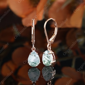 Pear shaped moss agate earrings. 14K/18K rose Gold earrings. Women&#39;s earrings. Birthday present. Graduation earrings. wedding jewelry.