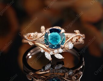 Unique Leaf blue green sapphire Engagement Ring set Vintage teal sapphire Cluster ring rose gold Bridal ring Promise women Anniversary Ring