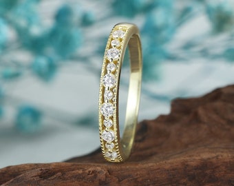 vintage Diamond wedding band, stacking yellow gold wedding band, Delicate moissanite half eternity matching band, anniversary unique women