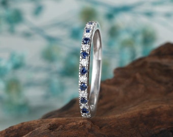 Vintage Sapphire wedding band, Delicate moissanite wedding band, stacking half eternity matching band, anniversary band, unique women ring
