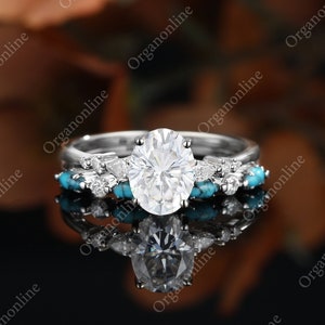 Oval moissanite engagement ring set Stacking yellow gold half eternity wedding band turquoise bridal set  Anniversary diamond bridal ring