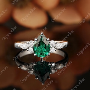 Emerald Moss Agate Blue green sapphire engagement ring, Solid Gold Marquise Moissanite Diamond ring, Anniversary wedding ring, Vintage ring