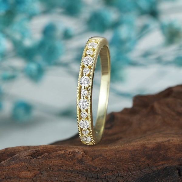 vintage Diamond wedding band, stacking yellow gold wedding band, Delicate moissanite half eternity matching band, anniversary unique women